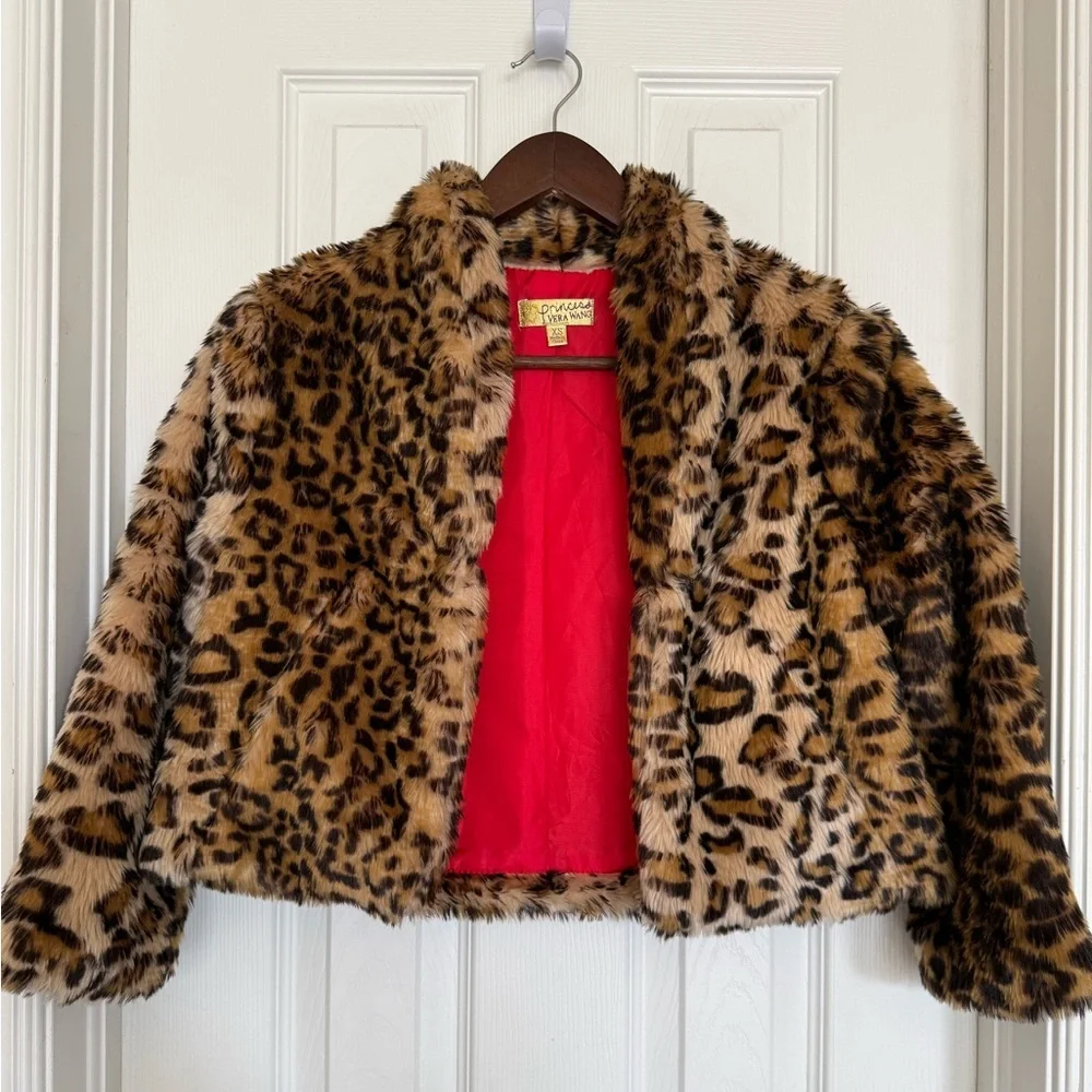 princess vera wang Girls Faux Fur Leopard Print Jacket - Brown & Black